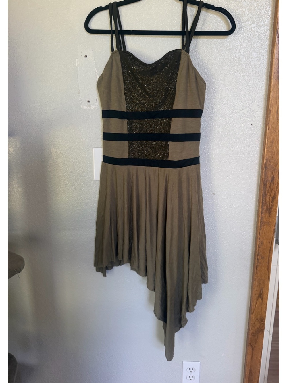 Asymmetric Olive Green Dress with Black Accents